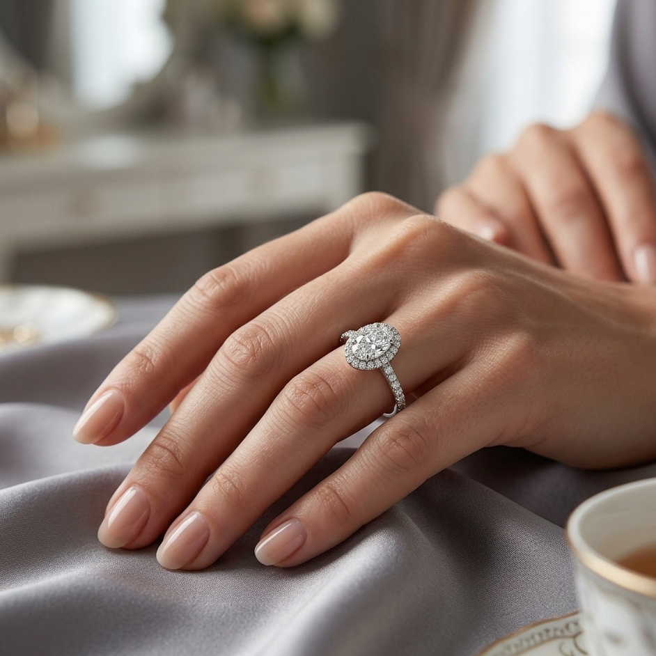 Oval Halo White Gold 14 kt Ring with Pavé Band