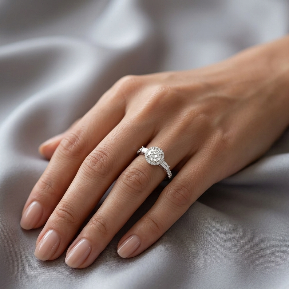 Brilliant Halo 18kt White Gold Ring with Large Center Diamond