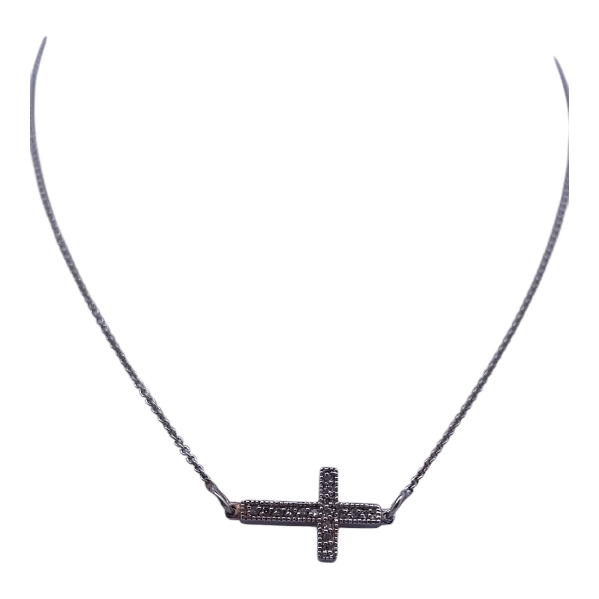 18K White Gold Sideways Cross Necklace – Contemporary Elegance with Diamond Accents